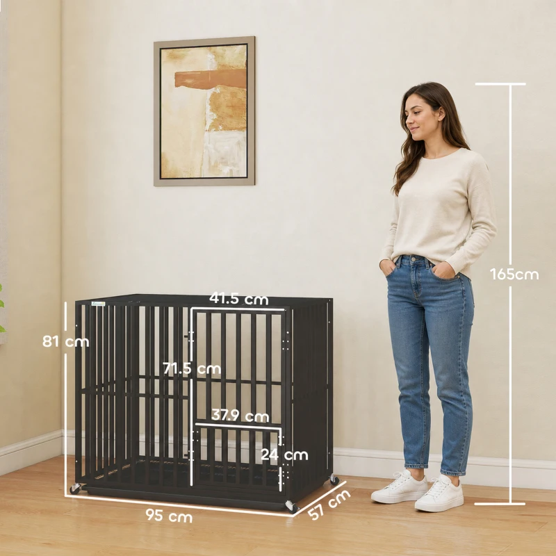 PawHut Heavy Duty Dog Crate, Dog Cage with Wheels for Small Medium Breeds, Metal Pet Kennel with Removable Tray