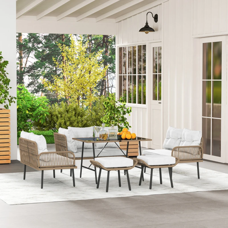 Outsunny 6 Piece Rattan Garden Furniture Set, 8 Seater Garden Corner Sofa with Cushions and Glass Top Table, Sectional Outdoor Furniture Conservatory Set for Patio, Cream White