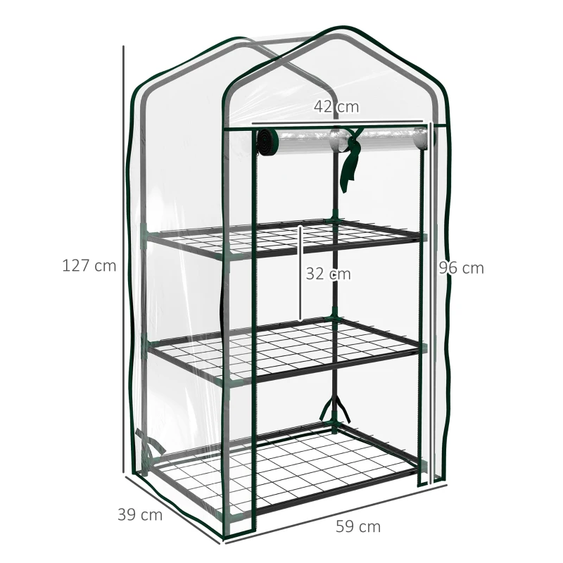 Outsunny Mini Serra da Giardino con Copertura in PE, 3 Ripiani e Porta Avvolgibile, 59x39x127 cm, Trasparente