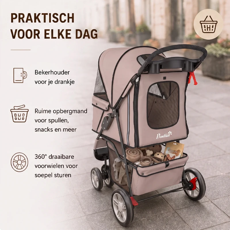 PawHut Opvouwbare Hondenbuggy voor Kleine Oudere Honden tot 10 kg, Koffiebruin, 77 x 44 x 102 cm
