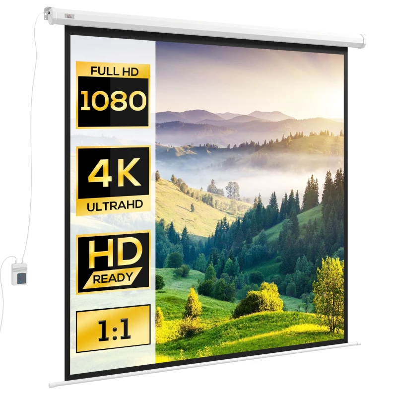 HOMCOM Écran de projection motorisé 96 pouces, 1:1 4K HD, fixation mural ou plafond avec télécommande, 195L x 8l x 182H cm
