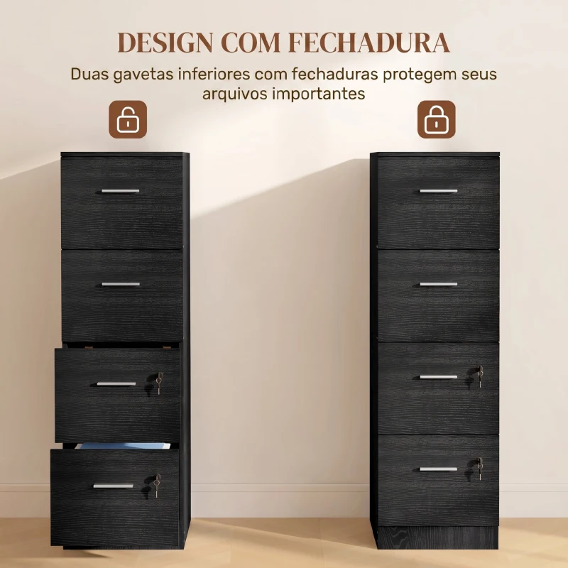 HOMCOM Gaveteiro de Secretária com 4 Gavetas Fechaduras e Barras Ajustáveis para Arquivo A4 e Letter 40x42x130,8 cm Preto