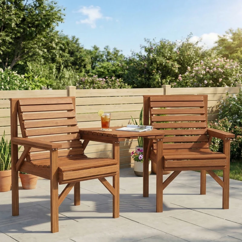 Outsunny Wooden Garden Love Seat w/ Coffee Table Umbrella Hole, Tan Brown