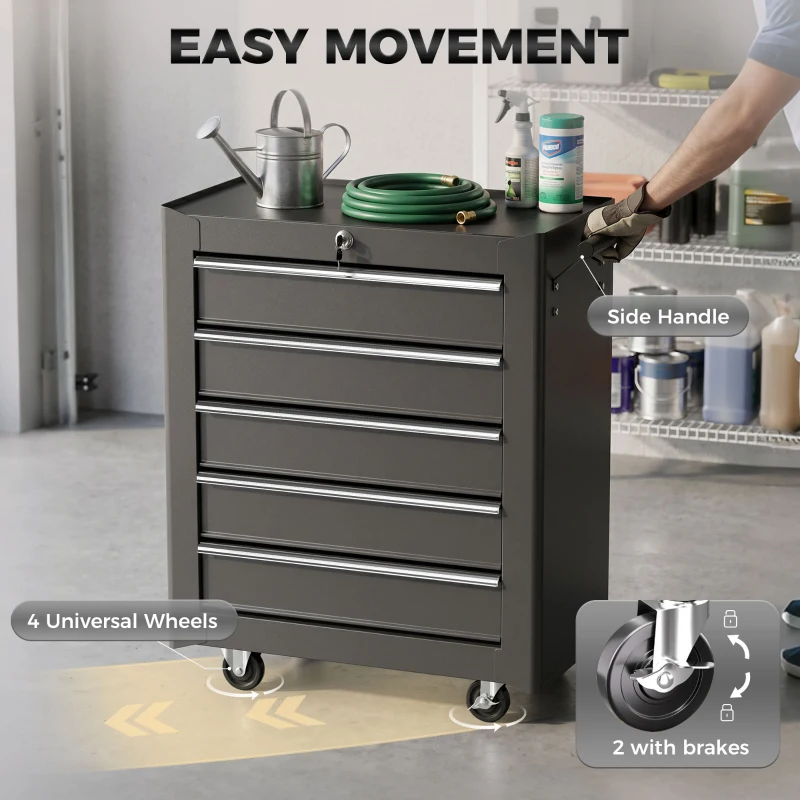HOMCOM 5-Drawer Tool Chest with Wheels, Steel Lockable Tool Storage Cabinet with Handle, 2 Keys for Garage, Workshop, Black