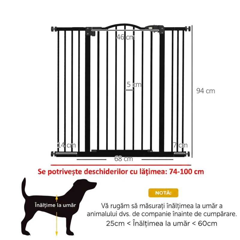 PawHut Poartă Extensibilă pentru Câini cu 4 Șuruburi Reglabile, din Metal și Plastic, 74-100x94 cm, Negru