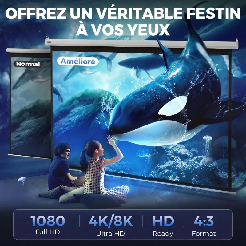 HOMCOM Écran de Projection 120" 4:3 HD 4K, Boîtier en Métal, Écran Hauteur Réglable Manuellement, 244x183cm, Blanc