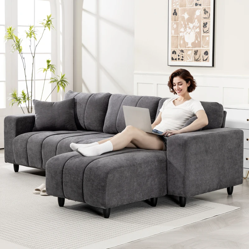 HOMCOM Sofá Chaise Longue Reversible de 4 Plazas 2 Almohadas Tapizado en Lino Marco de Acero 242x156x87 cm Gris Oscuro