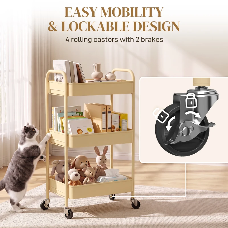 HOMCOM Three-Tier Steel Storage Trolley - Yellow