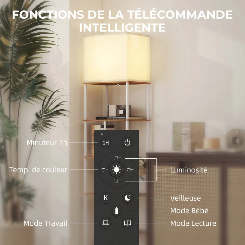 HOMCOM Lampadaire avec étagères, lampadaire sur pied de salon dimmable, télécommande, 40 x 29 x 171 cm, bois naturel