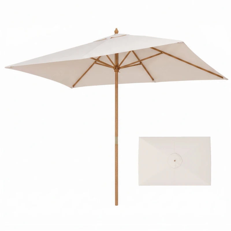 Outsunny Parasol Droit parasol de jardin rectangulaire Bois Polyester Haute densité 3 x 2 m crème