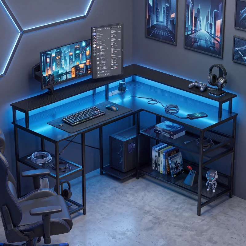 HOMCOM L Shaped Gaming Desk with LED Lights and Power Outlets, 150cm Corner Computer Desk for Small Space, Black