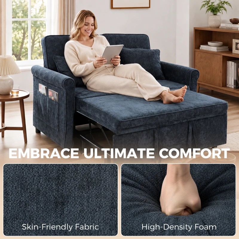 HOMCOM 2 Seater Sofa Bed 3-in-1 Convertible Chenille Pull Out Sleeper Sofa with 5-Position Adjustable Backrest, Dark Blue