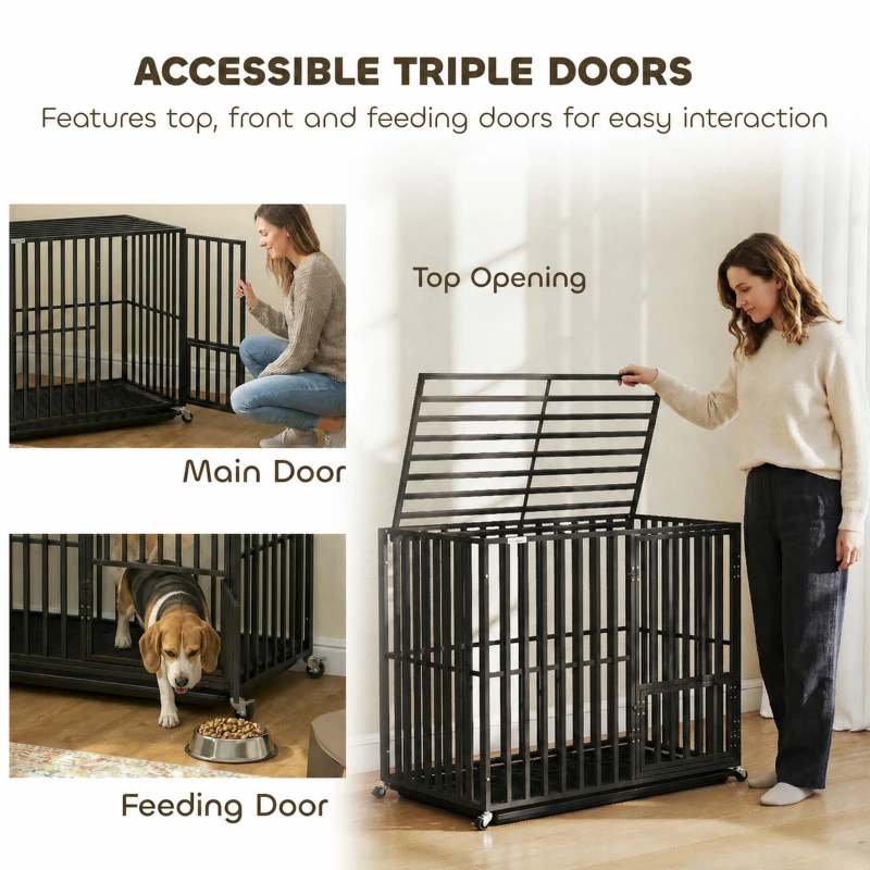 PawHut Heavy Duty Dog Crate, Dog Cage with Wheels for Small Medium Breeds, Metal Pet Kennel with Removable Tray