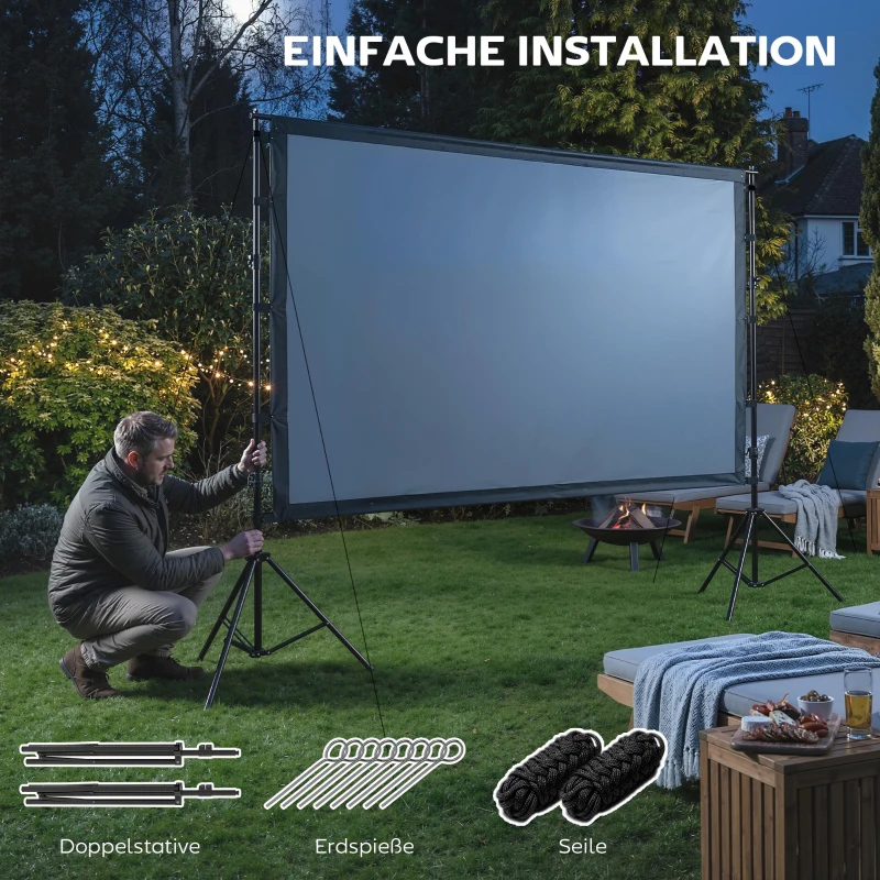 HOMCOM 254 cm 16:9 HD 4K/8K projectiescherm met standaard, draagbaar dubbelzijdig projectiescherm met inklapbare statieven, wit