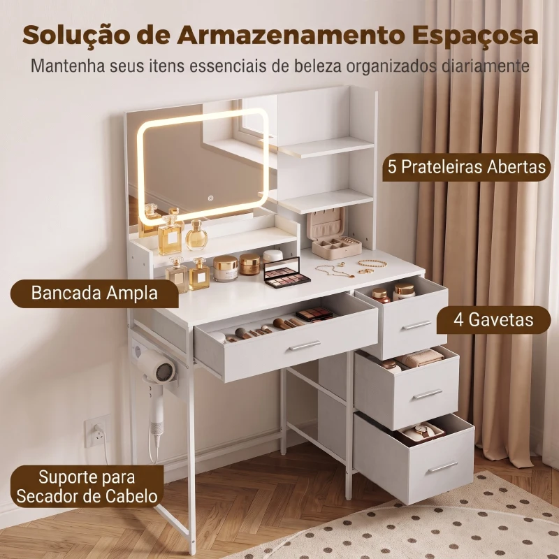 HOMCOM Penteadeira de Maquilhagem com Espelho LED 3 Toneladas de Luz Estação de Carregamento 4 Gavetas 5 Prateleiras Suporte para Secador Branco