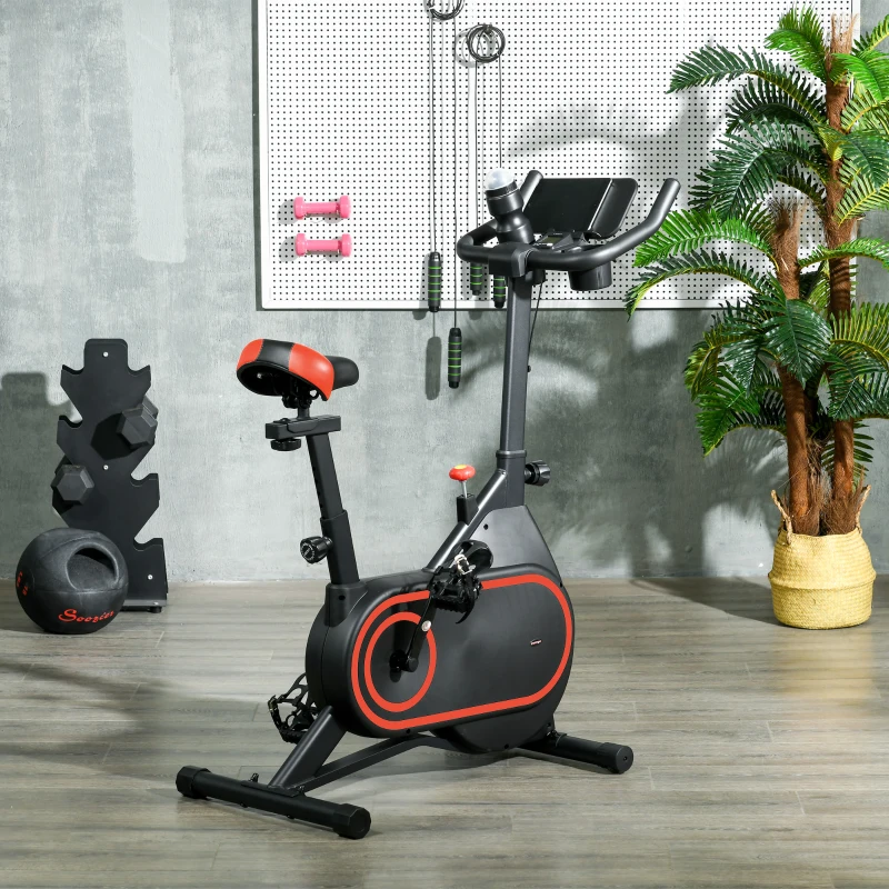 SPORTNOW Bicicleta Estática con Volante Inercia 4 kg Resistencia Ajustable Pantalla LED Silencioso Asiento Ajustable Rojo y Negro