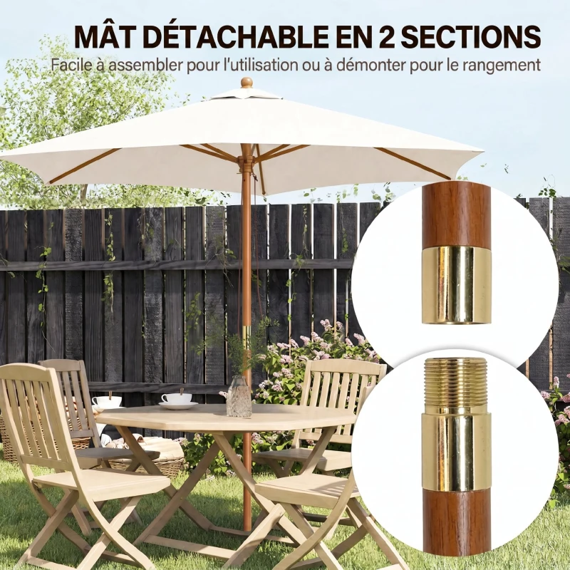 Outsunny Parasol Droit parasol de jardin rectangulaire Bois Polyester Haute densité 3 x 2 m crème