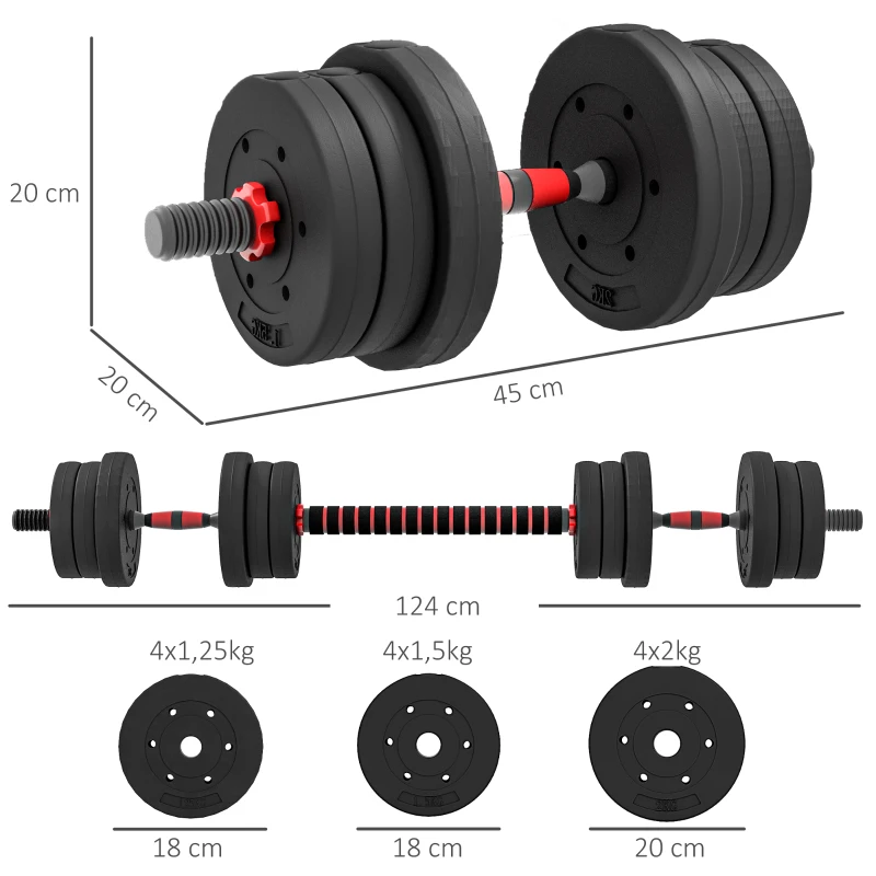HOMCOM Juego de Mancuernas Ajustables 20 kg 2 en 1 con Barras Conexión y Barra de Extensión para Gimnasio en Casa Negro