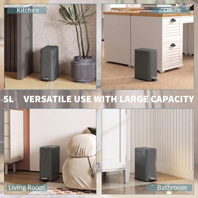 HOMCOM 5L Rectangular Compact Bin Steel Body Removable Bucket Quiet-Close Lid w/ Pedal Lid Rubbish Trash Can Home Office Bedroom Bathroom Living Room Garbage Tidy Clean Grey