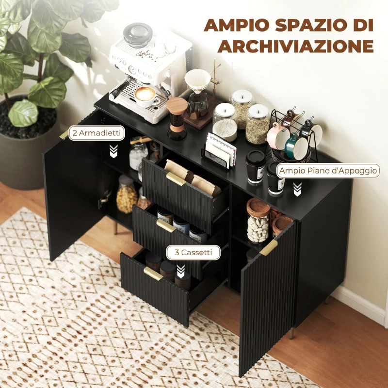 HOMCOM Credenza Moderna con 3 Cassetti, 2 Armadietti e Ripiani Regolabili, Legno e Metallo, Nero