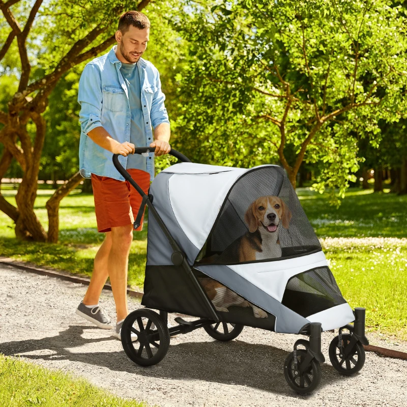 PawHut Passeggino per Cani Taglia Grande Pieghevole con Finestre a Rete, Cuscino e Guinzagli, 124x67x100 cm, Grigio