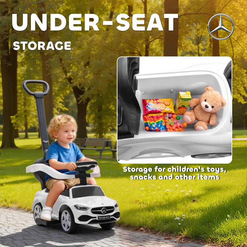 AIYAPLAY 2 in 1 Baby Ride on Push Car Mercedes-Benz C-Class Licensed Walker Foot to Floor Push-Along with Removable Handle, White