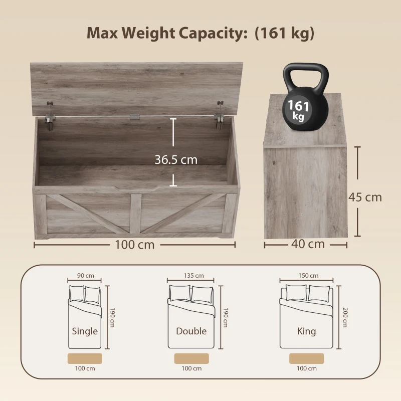 HOMCOM 127L Home Storage Box, with Safety Hinges - Grey Wood-Effect