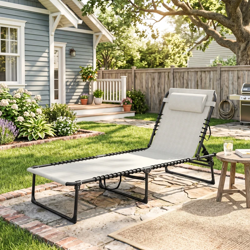 Outsunny Foldable Sun Lounger, Outdoor 4 Level Adjustable Backrest Reclining Chaise Chair, Steel Frame Recliner Chair for Camping, Hiking, Cream White