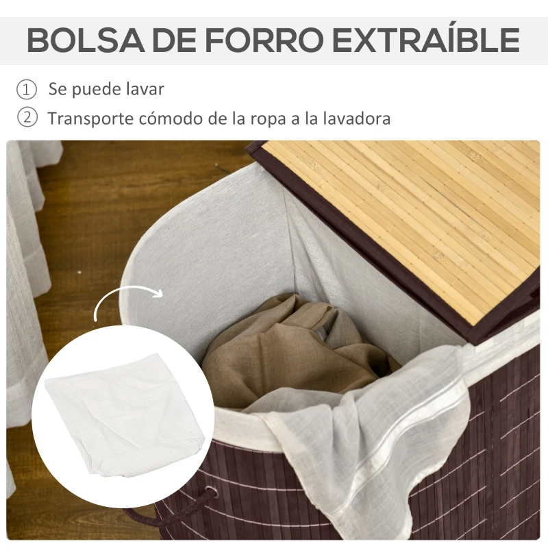 HOMCOM Cesto para Ropa Sucia de Bambú Capacidad de 100L Cesta para la Colada con 2 Compartimentos  62,5x37x60,5cm Marrón