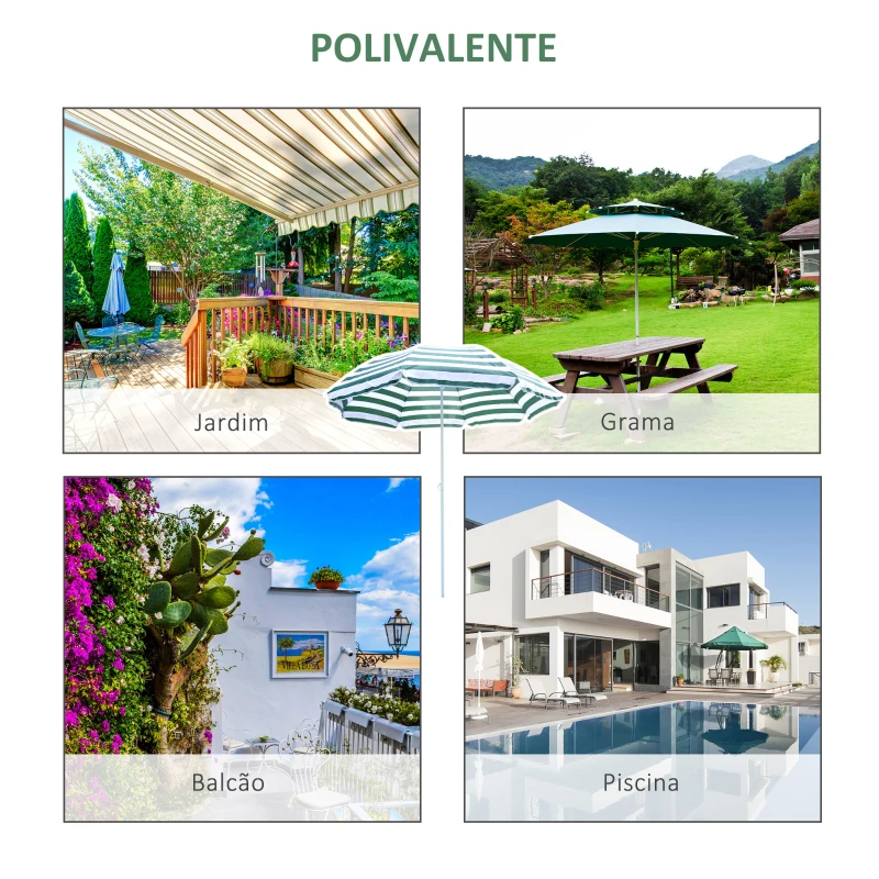 Outsunny Chapéu de Sol de Praia Ø180cm com Teto Inclinável e Mastro de Metal Proteção Solar para Jardim Terraço Exterior Listras Verdes e Branco