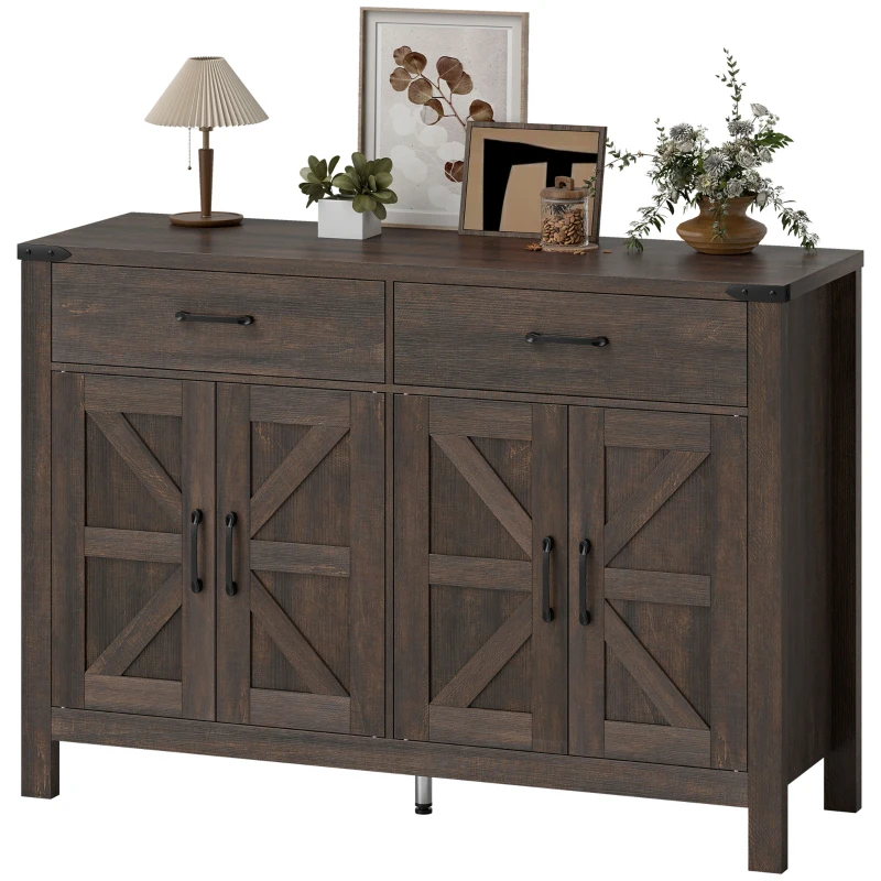 HOMCOM Kitchen Cupboard, Sideboard with 4 Doors, 2 Drawers and 2 Adjustable Shelves for Dining Room, Dark Brown