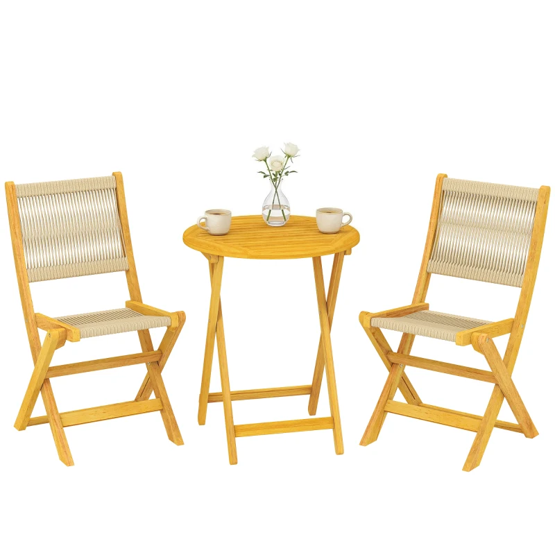 Outsunny Balkonmöbel Set 3 teilig Polyrattan Holz klappbar Gartenmöbel Set mit Tisch 2 Stühle, Atmungsaktiv