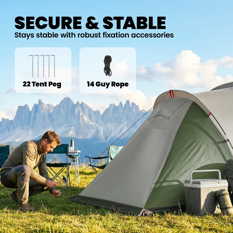 Outsunny Family Camping Tent 3000mm Waterproof Windproof Tunnel Tent 6 Person Two Bedrooms Green