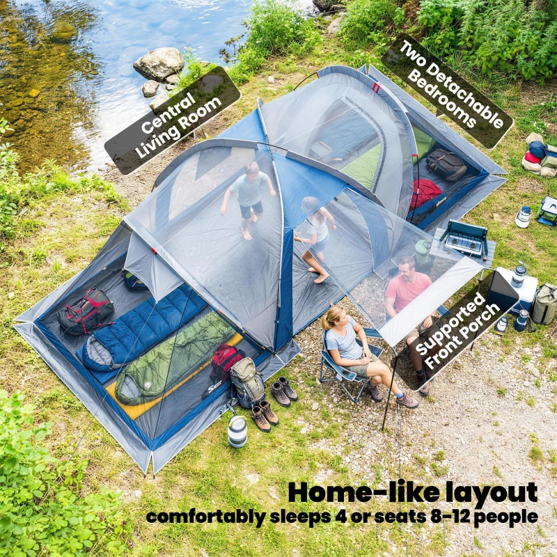 Outsunny Family Camping Tent 3000mm Waterproof Windproof Tunnel Tent 6 Person, Navy Blue & Light Grey