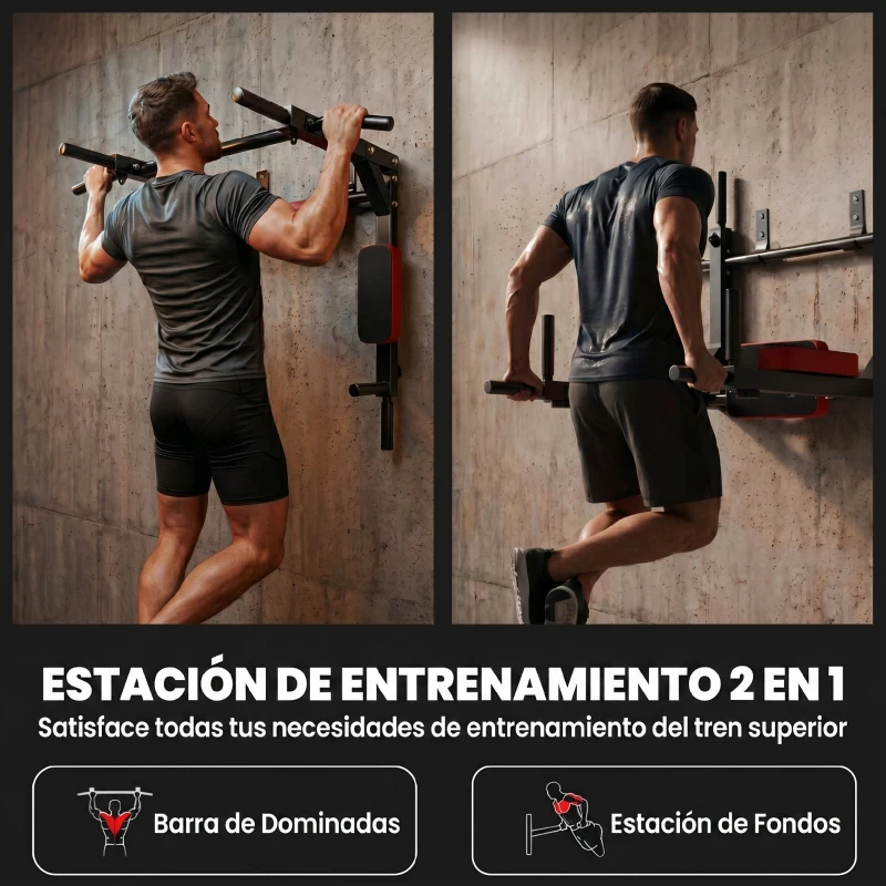 SPORTNOW Barra de Dominadas de Pared 2 en 1 Estación Multifuncional para Gimnasio en Casa Carga 200 kg Rojo