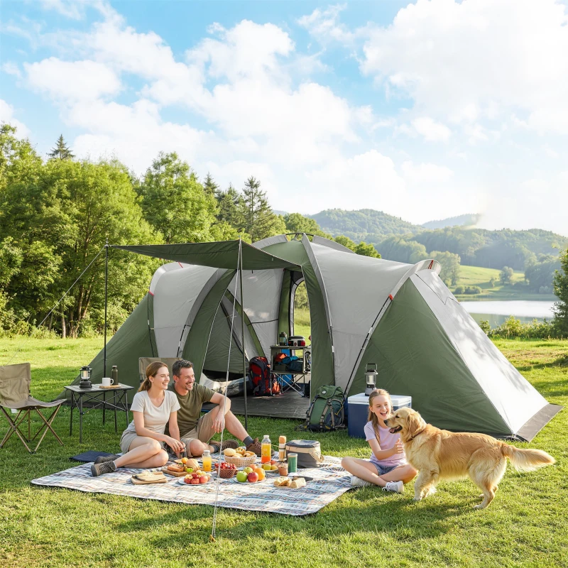 Outsunny Family Camping Tent 3000mm Waterproof Windproof Tunnel Tent 6 Person Two Bedrooms Green