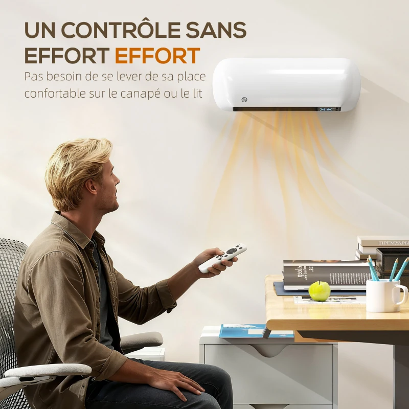 HOMCOM Chauffage mural en céramique 1000/2000W, radiateur électrique, ventilateur, thermostat, minuterie, 50x19x14cm, blanc