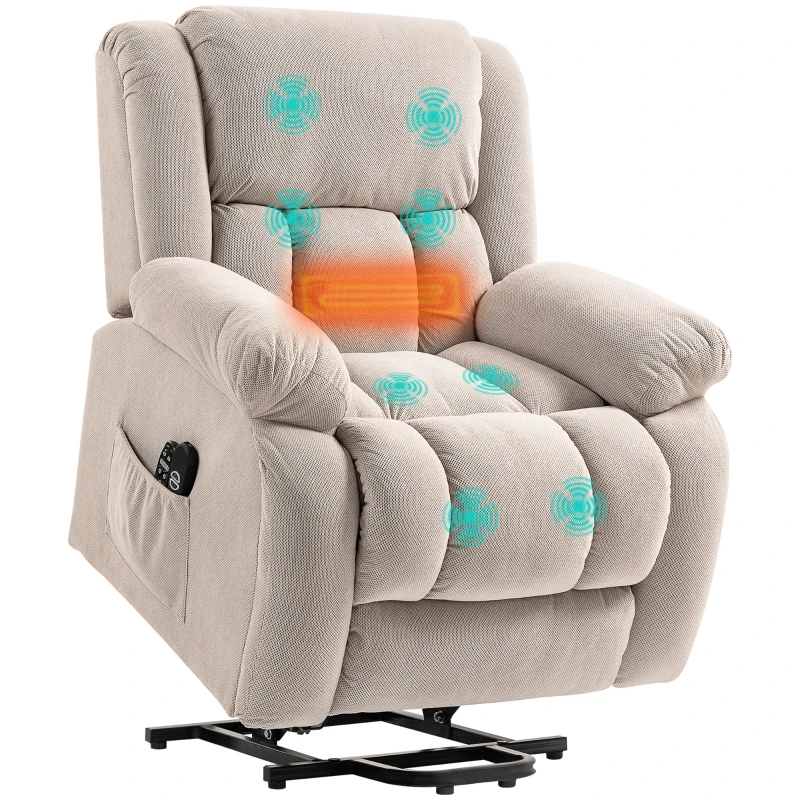 HOMCOM Fernsehsessel mit Massage- und Wärmefunktion, Elektrischer Aufsteh-Sessel, Fernbedienung, Seitentaschen, Beige