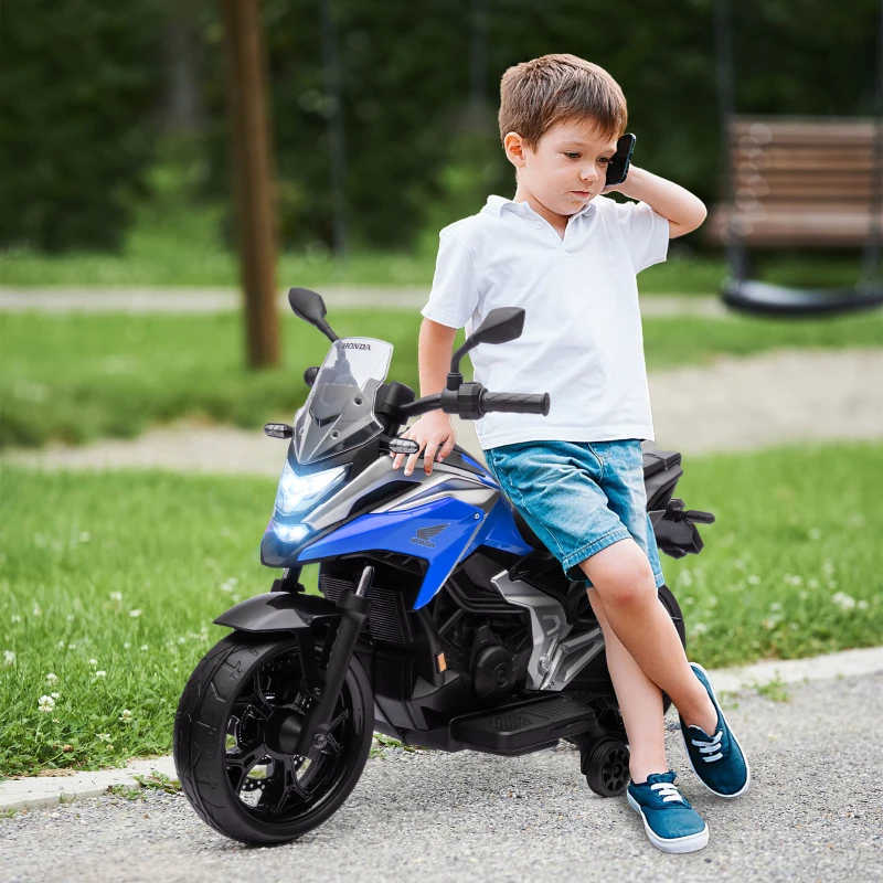 AIYAPLAY Moto Elettrica per Bambini 3-6 Anni Licenza Honda, 12V Doppi Motori, Rotelle, 3 km/h, Max 30kg, Blu