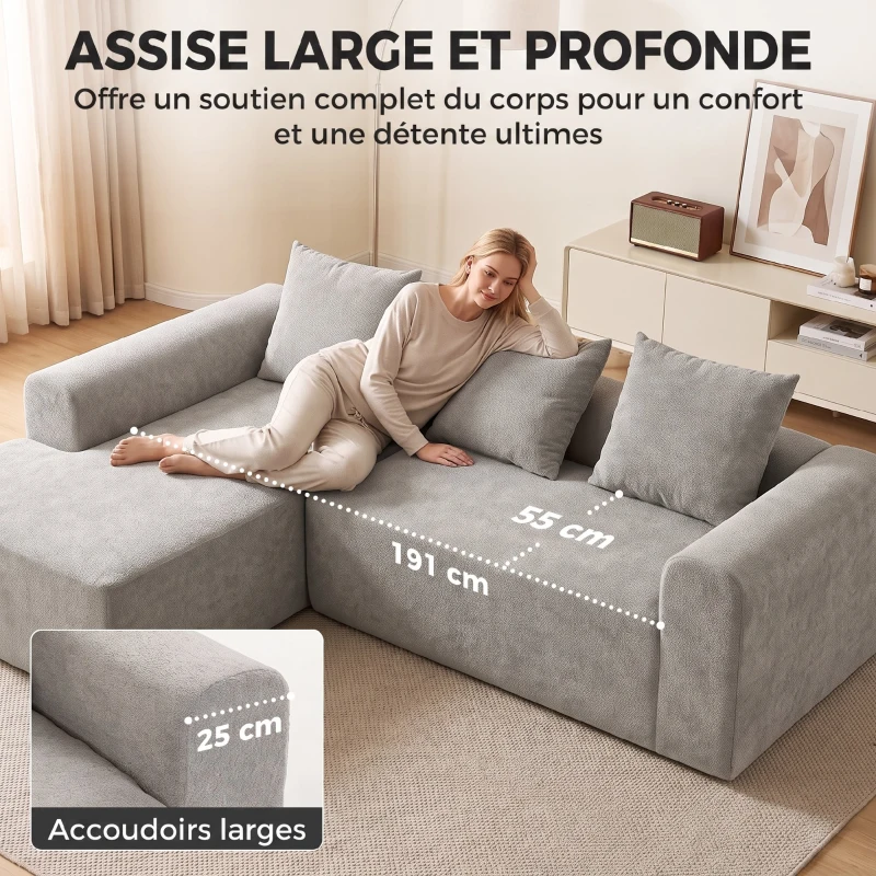 HOMCOM Canapé d'Angle en Chenille, Canapé 3 Places en L 242 cm avec Méridienne, Assise Profonde, Accoudoirs Larges, Gris Clair