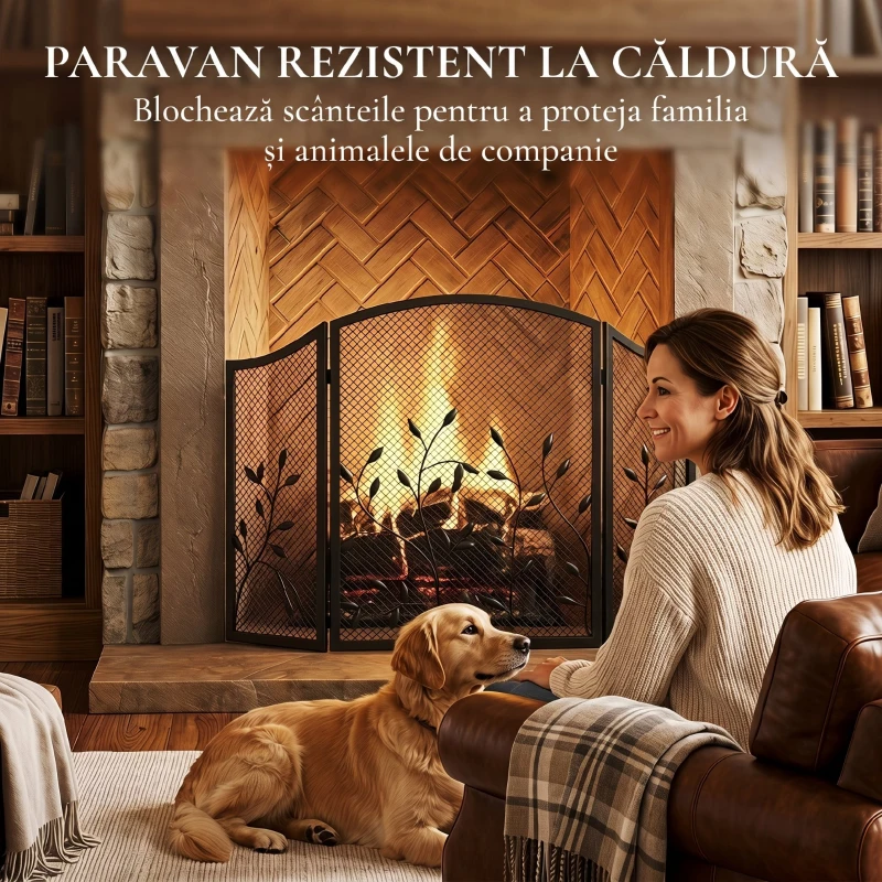 HOMCOM Parascântei Șemineu Pliabil cu 3 Panouri, Protecție Metalică Rezistentă la Căldură, 122x1x74 cm, Negru