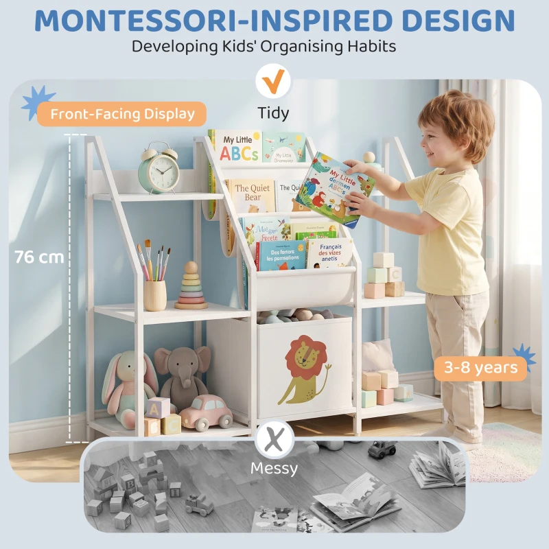 AIYAPLAY Kids Bookshelf and Toy Storage with 3-Tier Sling Book Rack and Fabric Drawer for Nursery, Bedroom, Playroom, White