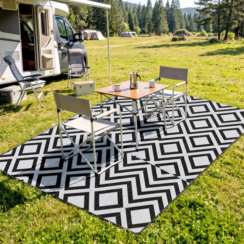 Outsunny Reversible Outdoor Rug, Plastic Straw Mat w/ Carry Bag Ground Stakes for Garden RV Picnic Beach Camping 182x274cm Black