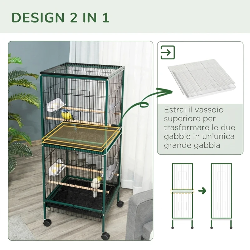 PawHut Gabbia Voliera per Uccelli per Interni con Ruote e Vassoi Estraibili, 51.5x50x140 cm, Verde Scuro