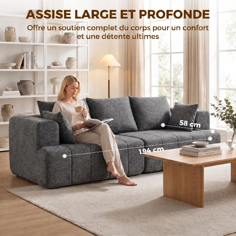 HOMCOM Canapé 3 places en chenille 248 cm, canapé salon moderne, large assise rembourrée, coussins à ressorts, gris