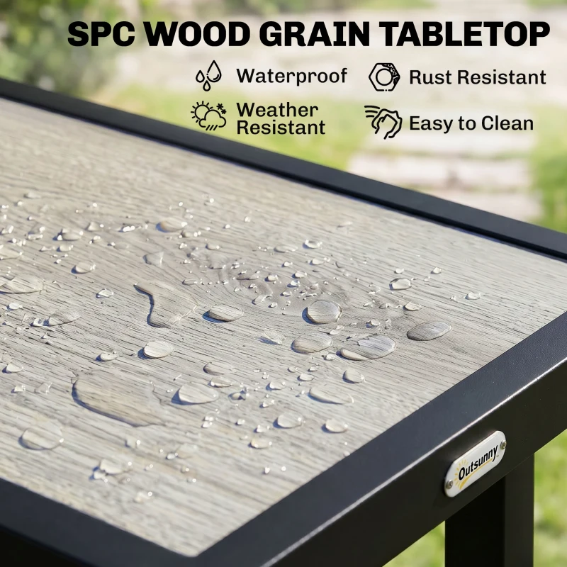 Outsunny Metal Garden Coffee Table, Outdoor Side Table with SPC Woodgrain Tabletop for Outside, Garden, Balcony, Porch, 100 x 53 x 46cm, Grey