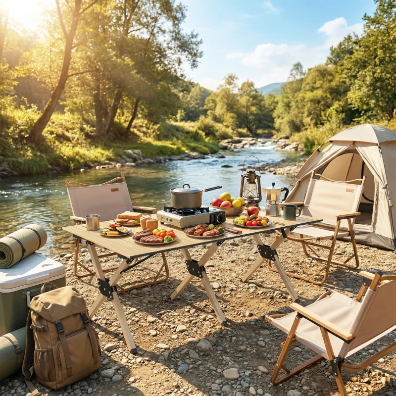Outsunny 4ft Folding Camping Table, Waterproof Picnic Table with Roll Up Top, Carrying Bag and Metal Frame, Dark Brown
