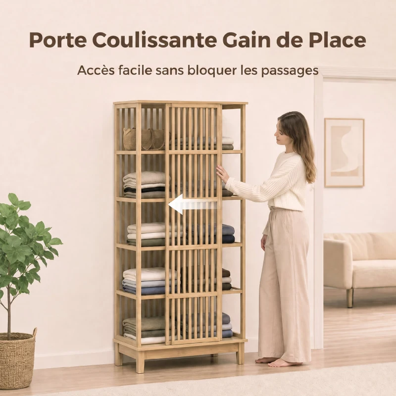 HOMCOM Armoire Chambre Penderie en Bambou 5 Niveaux avec Porte Coulissante, Design Aéré à Lattes, Bois Naturel