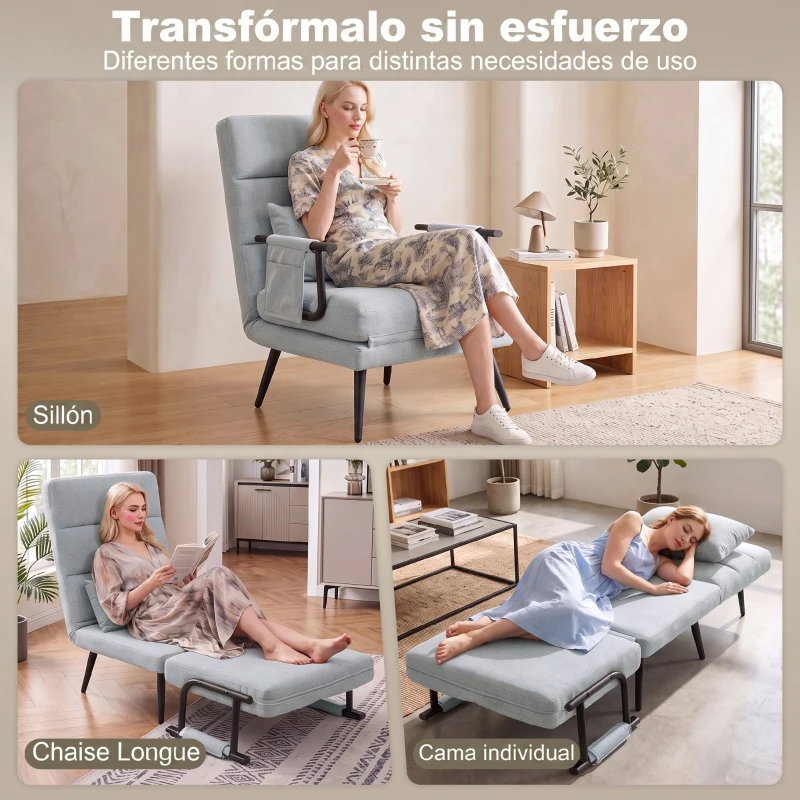 HOMCOM Sillón Cama Plegable 3 en 1 Tapizado en Lino Respaldo Ajustable Almohada con Funda Lavable 67x73x96 cm Gris Claro
