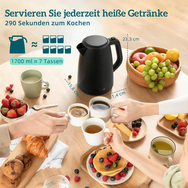 HOMCOM 1,7 l snelkookwaterkoker en 4-sneetjes-toaster-set, eierkoker voor 6 eieren met controlelampje Zwart